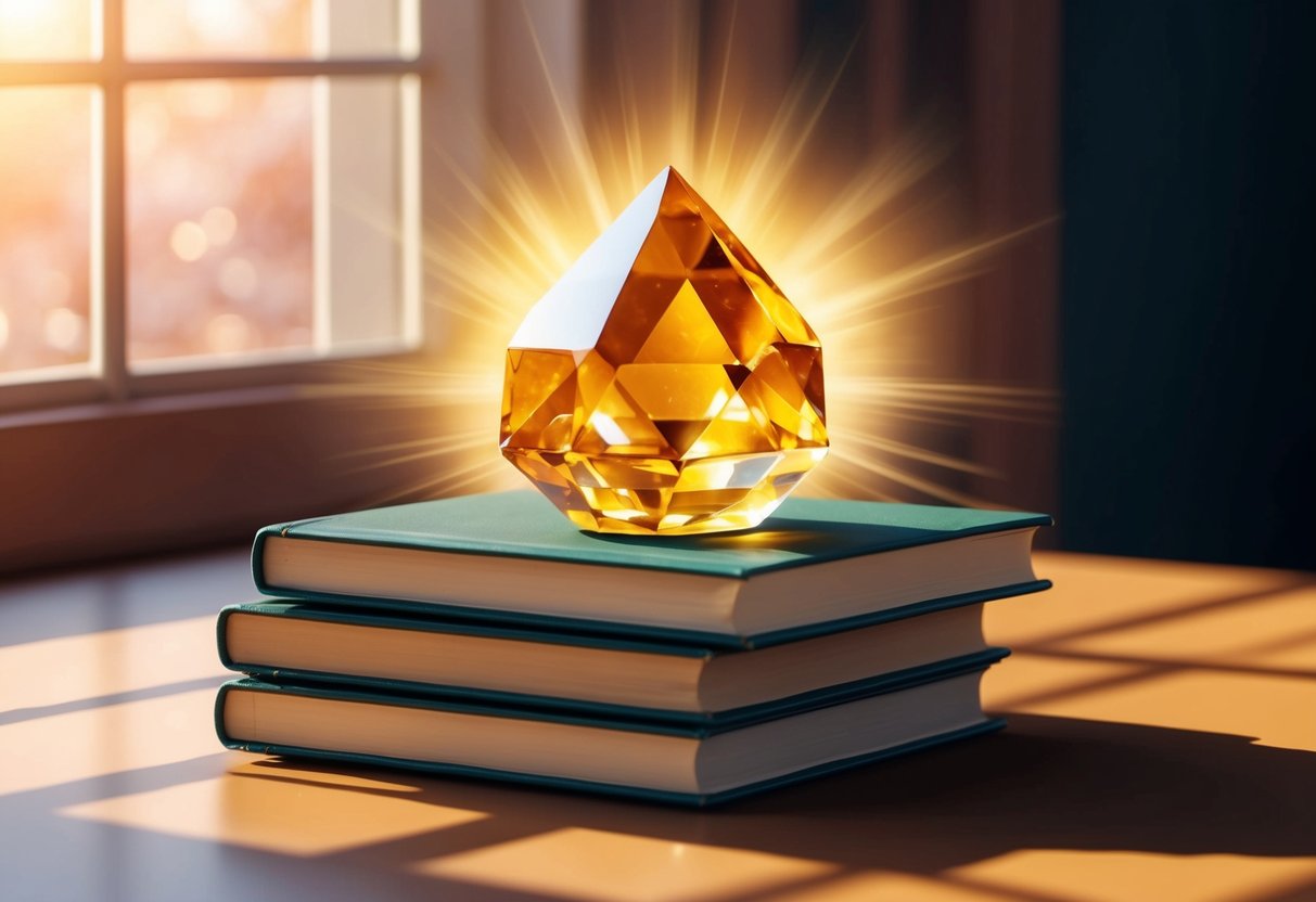 A radiant citrine crystal resting on a stack of books, surrounded by a warm glow of sunlight filtering through a window