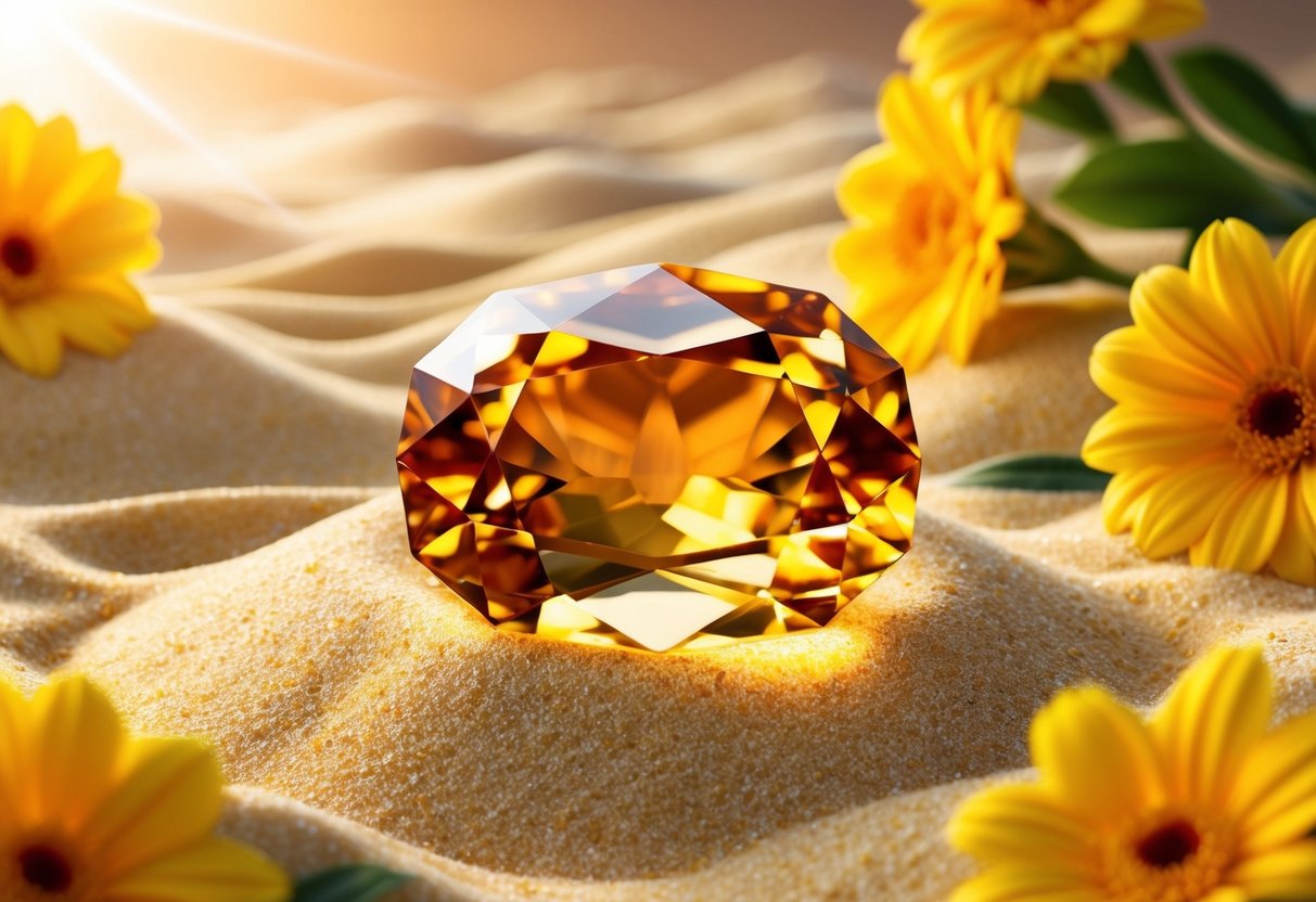 A radiant citrine gemstone rests on a bed of golden sand, surrounded by warm sunlight and vibrant yellow flowers