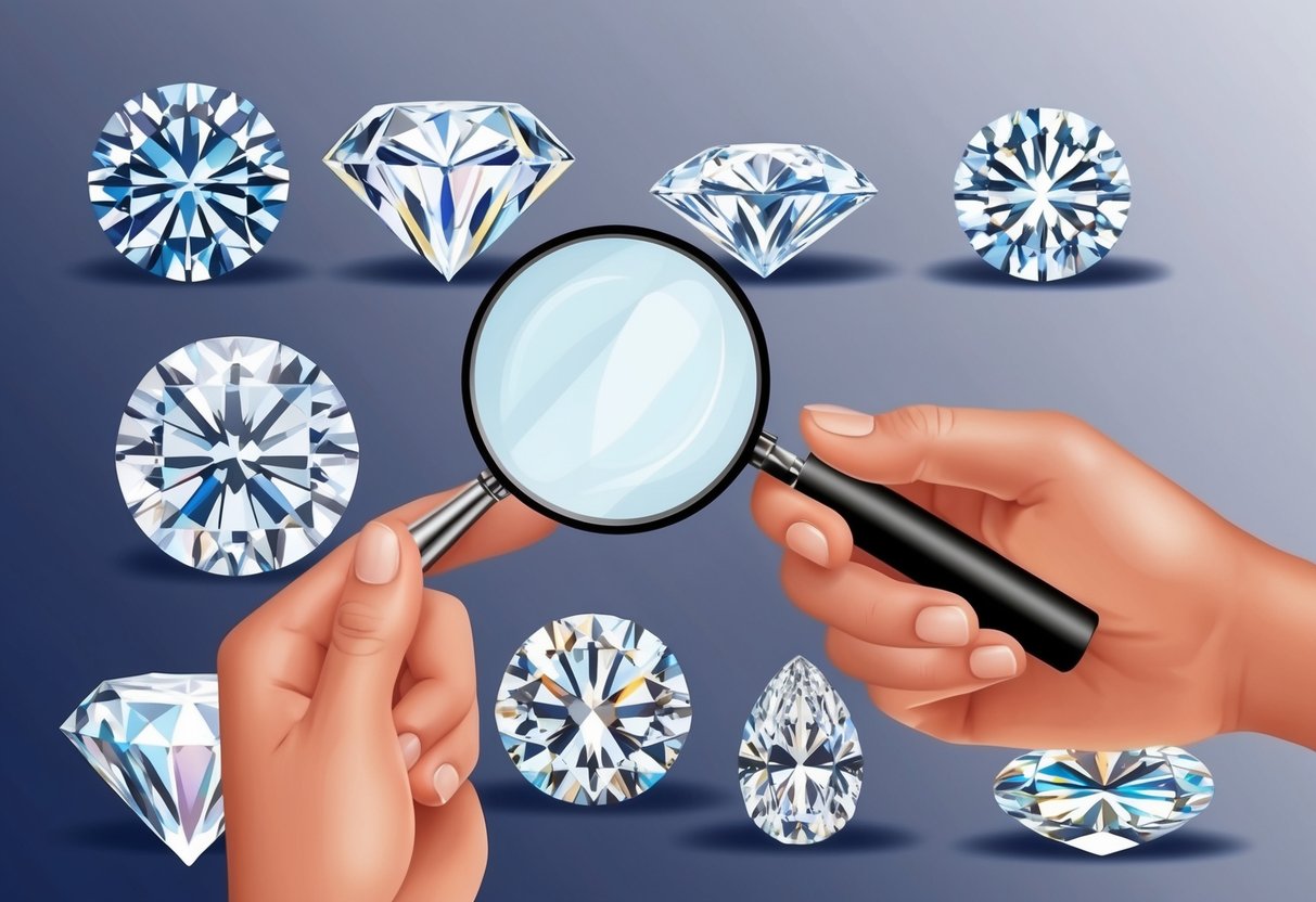 A hand holding a magnifying glass over various diamond shapes