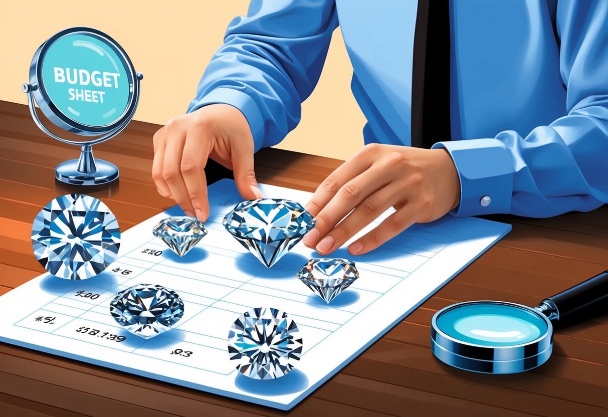 A person comparing different diamonds on a table, with a budget sheet and magnifying glass nearby