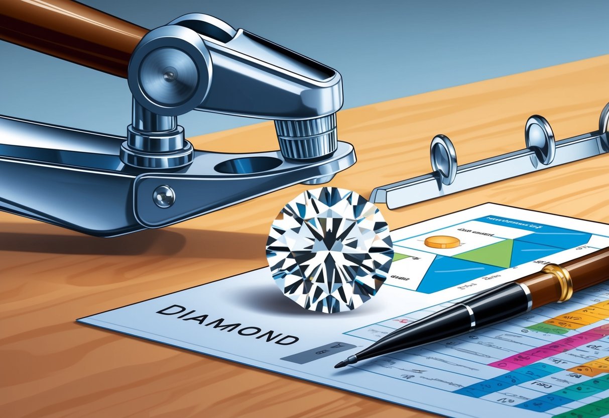 A diamond being examined under a jeweler's loupe with various grading tools and charts nearby