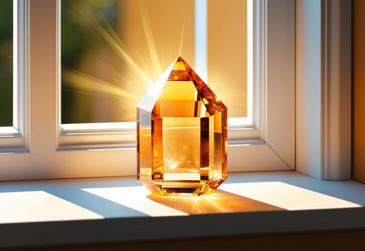 A citrine crystal resting on a sunlit windowsill, casting a warm, golden glow onto the surrounding room