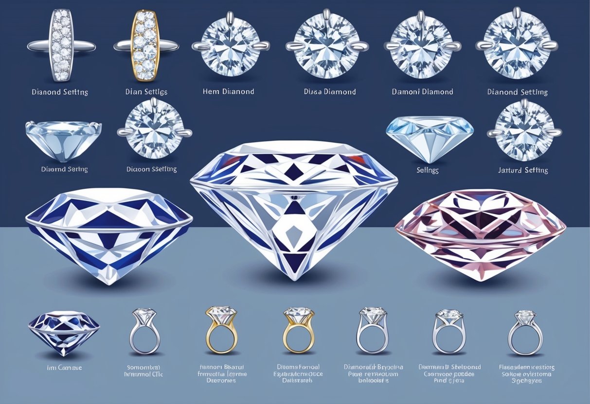 A variety of diamond settings displayed with labels for comparison and selection