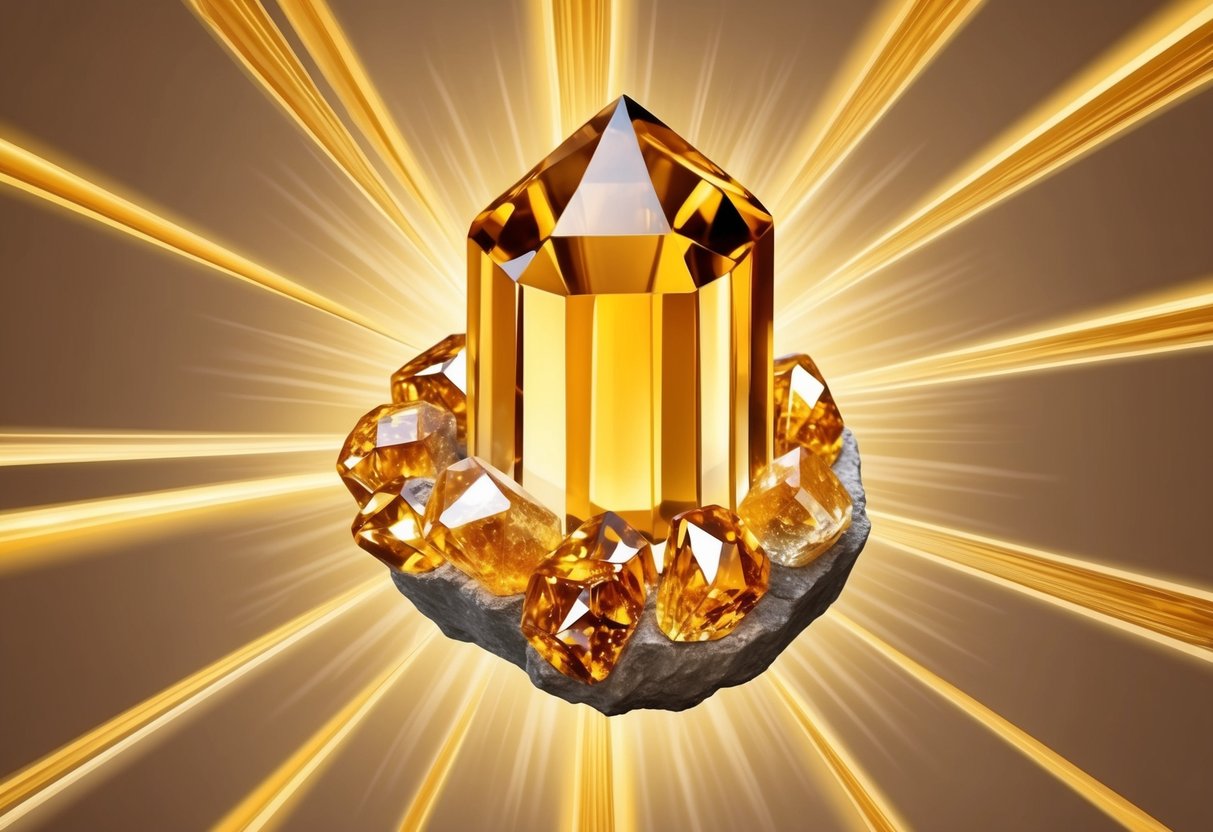 A citrine crystal surrounded by beams of golden light