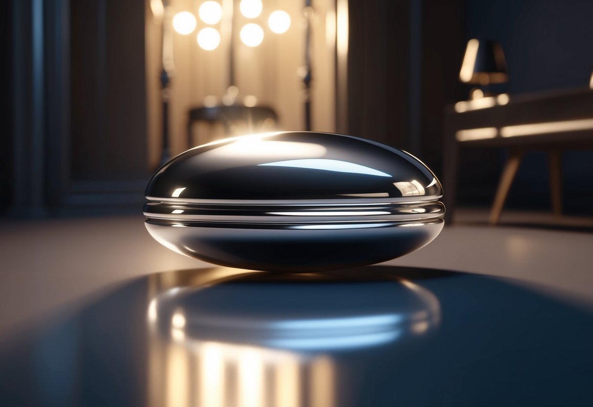 A shiny rhodium-plated object reflects light in a dimly lit room