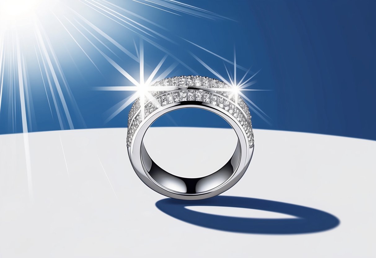 A radiant ring with rhodium plating glistens under the sunlight, showcasing its durability and long-lasting shine