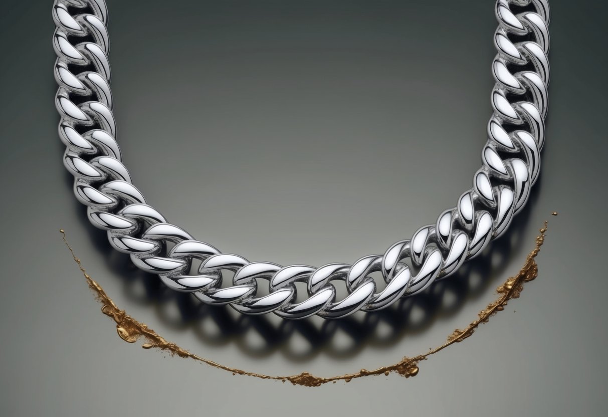 A shiny rhodium-plated necklace tarnishing over time