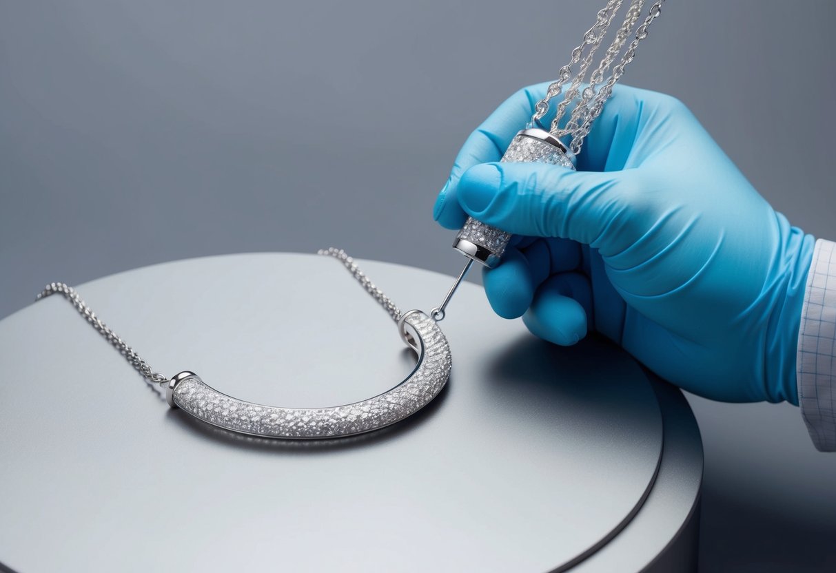 A jeweler carefully applies a thin layer of rhodium to a gleaming silver necklace, ensuring a lustrous and durable finish