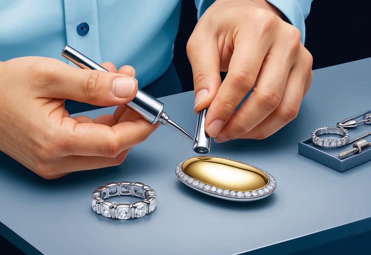 A jeweler carefully applies a thin layer of rhodium to a worn piece of jewelry, restoring its lustrous shine