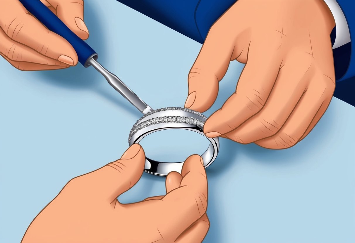 A jeweler carefully applies a thin layer of rhodium plating to a silver ring, using a specialized tool to ensure even coverage