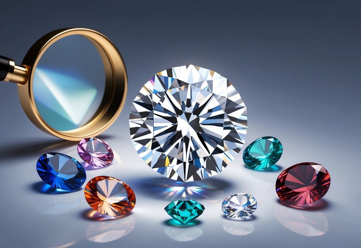 A sparkling diamond surrounded by various gemstones and a magnifying glass for inspection