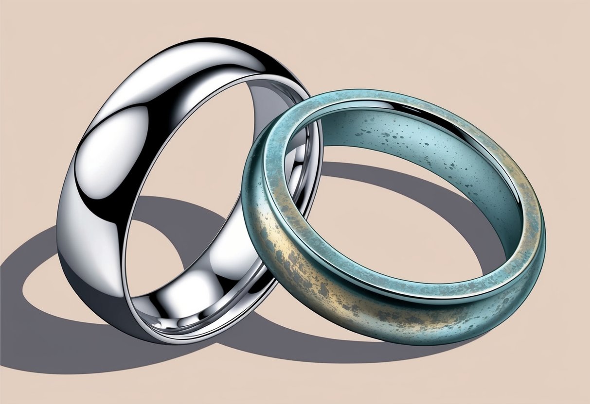 A shiny rhodium-plated ring next to a tarnished silver ring for comparison