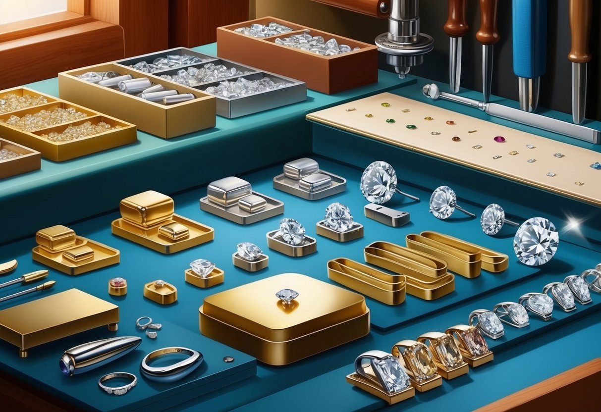 A jeweler's workbench with various precious metals and diamonds laid out for selection