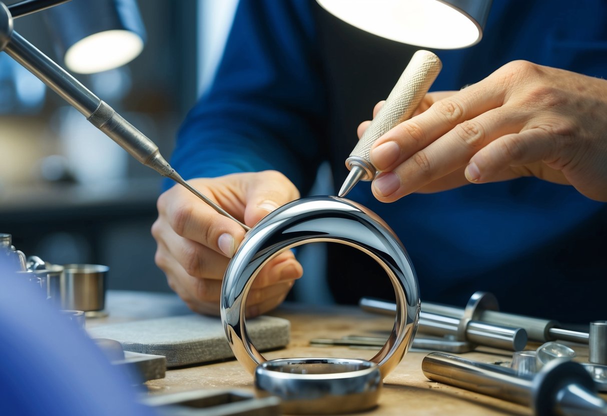 A jeweler carefully applies a thin layer of rhodium plating to a gleaming silver ring, using precision tools in a well-lit workshop