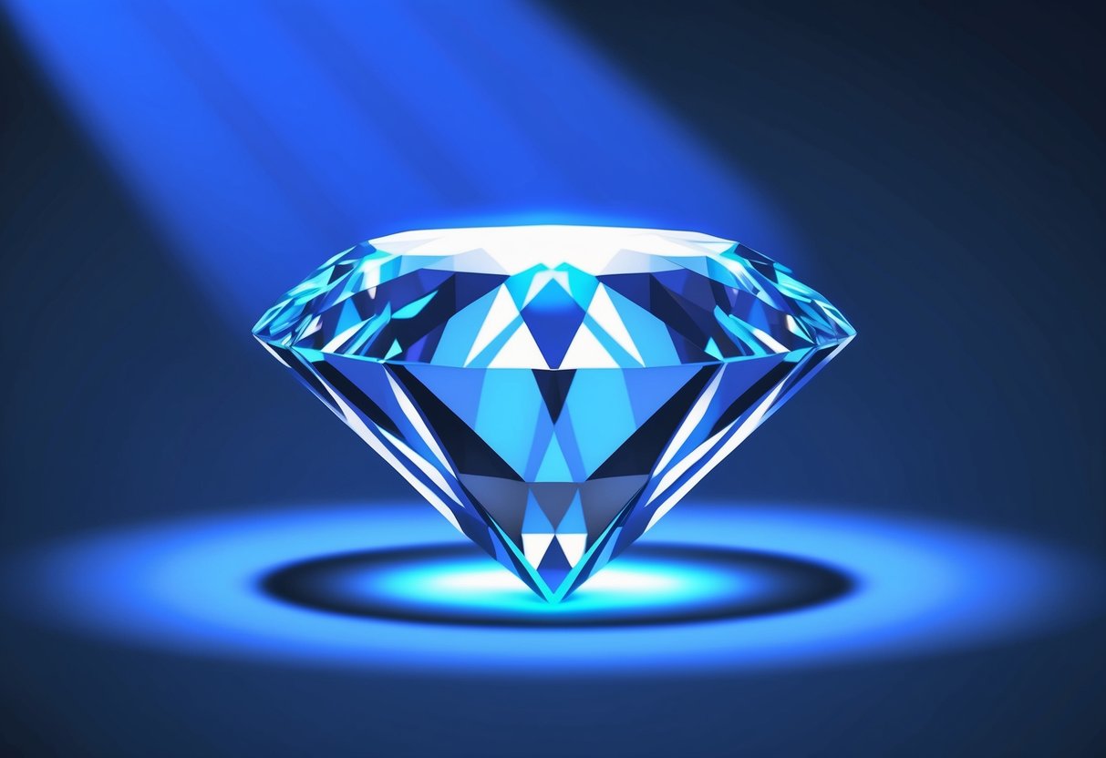 A diamond under UV light emitting blue fluorescence, affecting its color and brightness