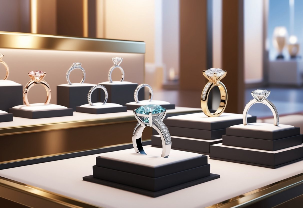 A jewelry store display featuring a variety of engagement rings in different styles and settings, with soft lighting to highlight their sparkle