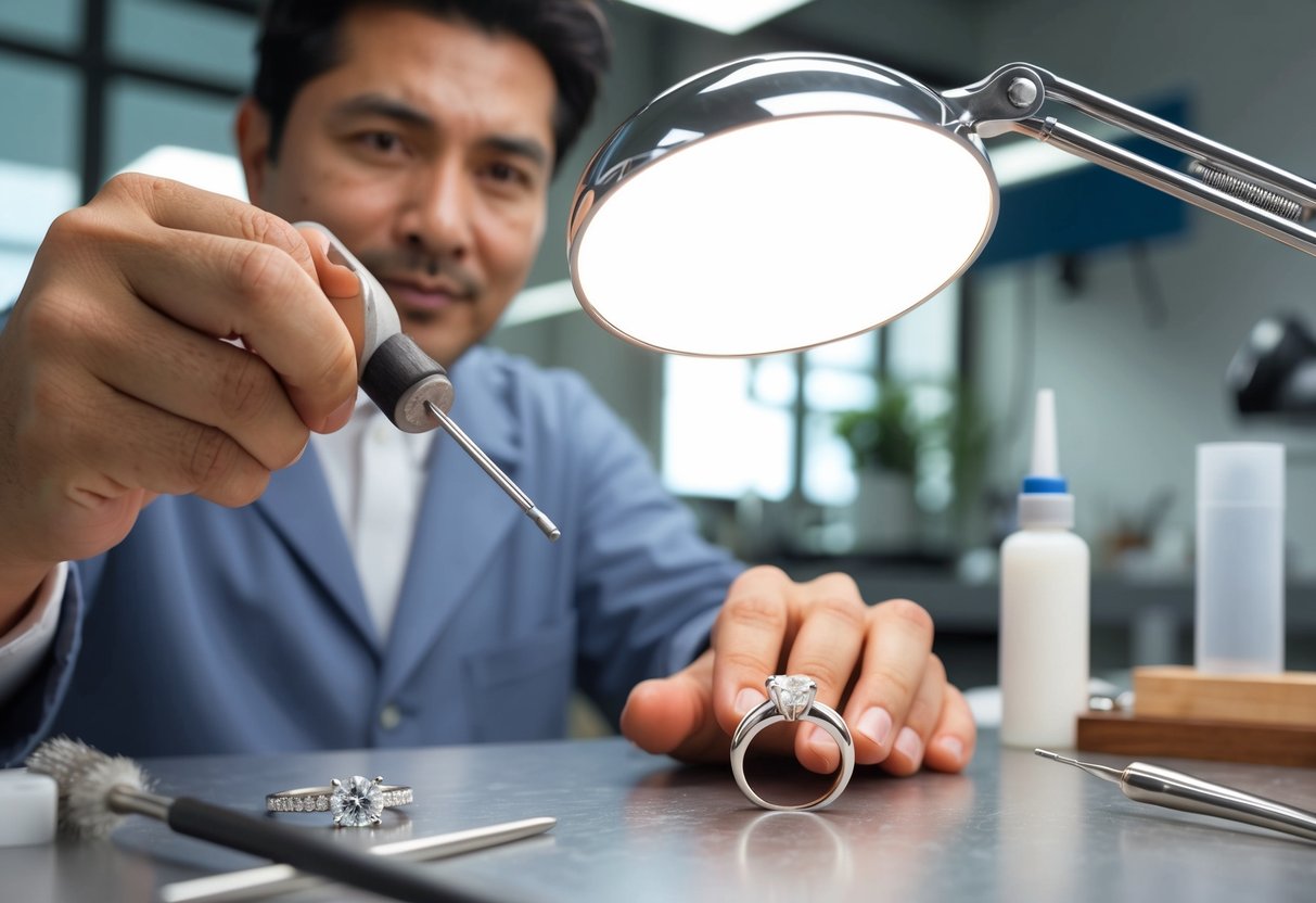 A jeweler applying a thin layer of rhodium to a silver ring, using a specialized plating tool in a well-lit workshop