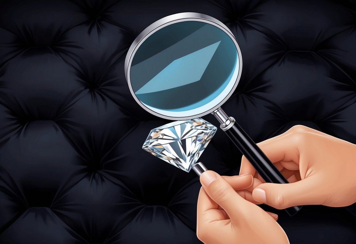 A hand holding a magnifying glass examining a step-cut diamond against a black velvet background