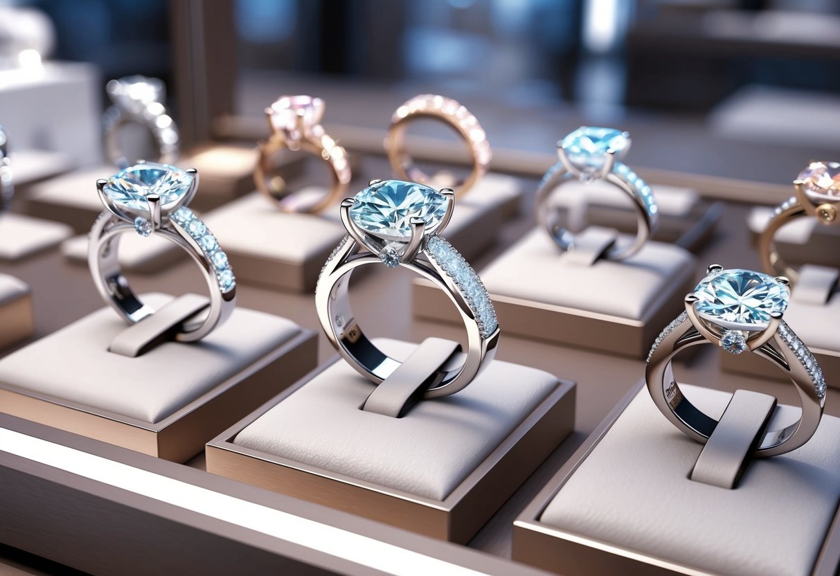 A jewelry store display of sparkling engagement rings, with a focus on a dazzling diamond set in a platinum band