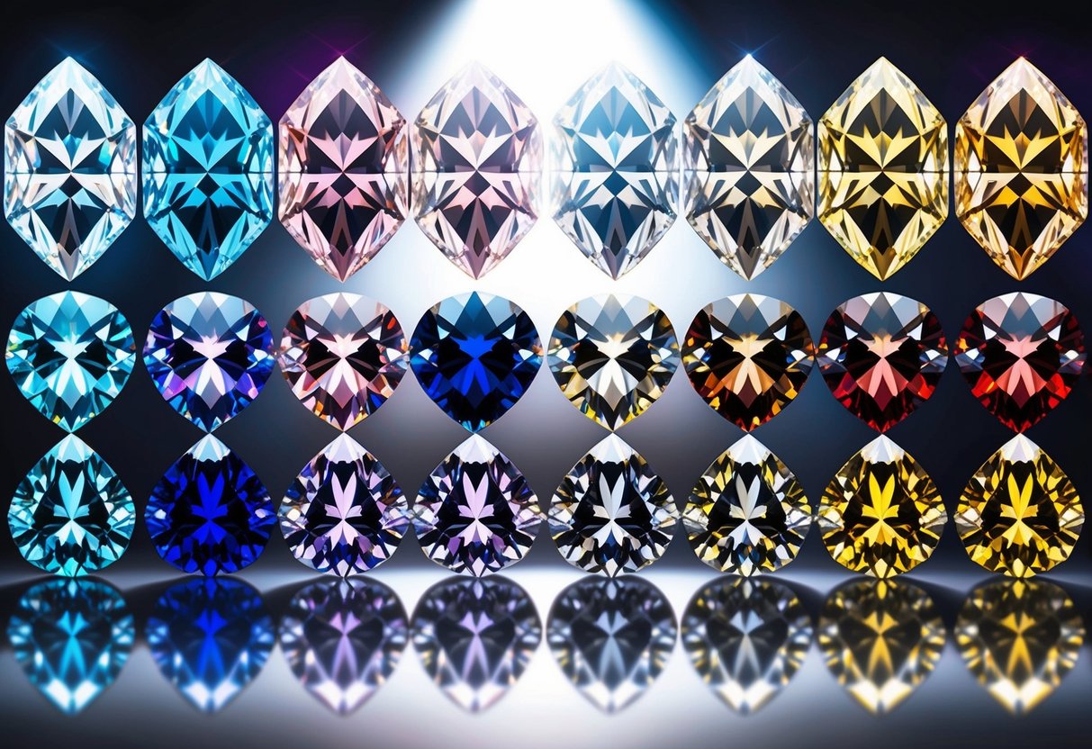 A display of various colored diamonds arranged in a gradient from light to dark, shining under bright lighting