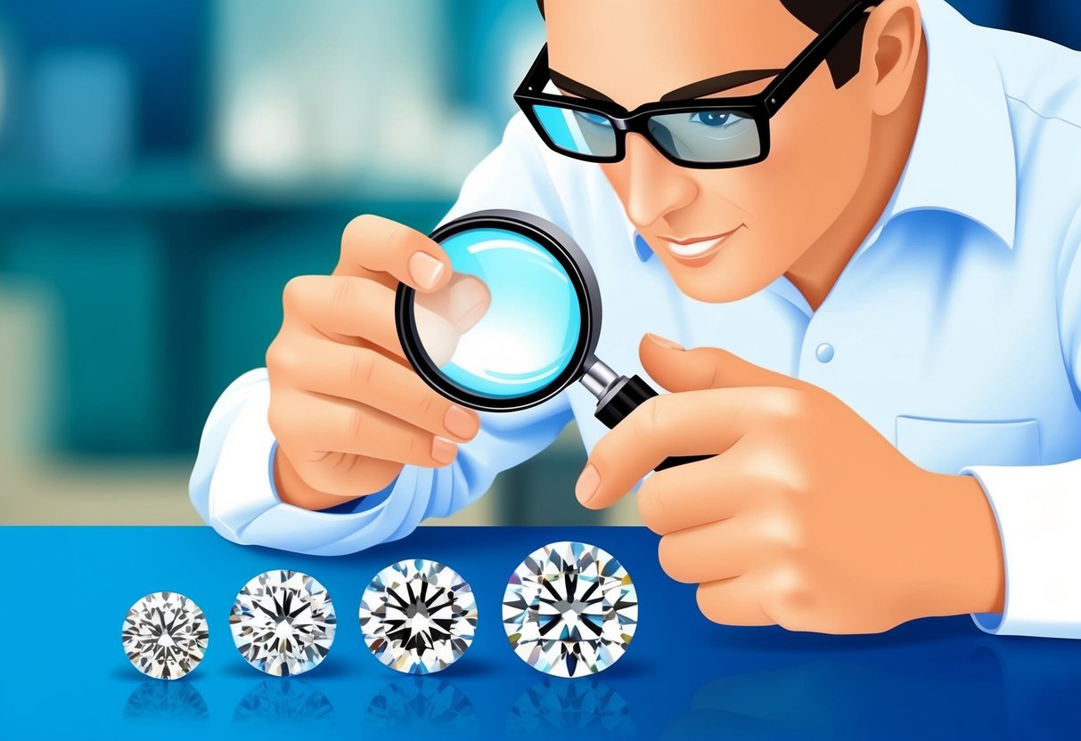 A jeweler carefully inspects a selection of loose diamonds, using a magnifying loupe to examine each one for clarity, color, and cut