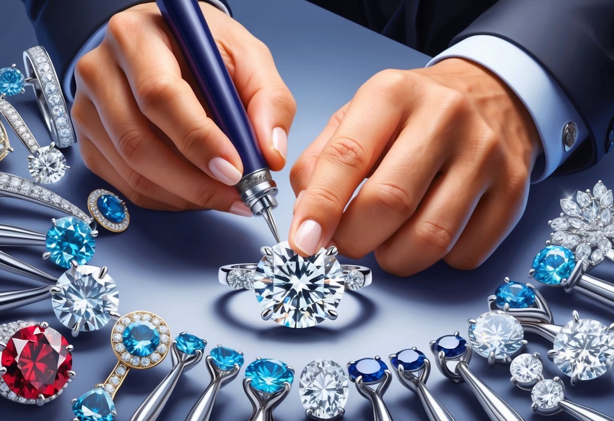 A jeweler carefully engraves initials onto a diamond engagement ring, surrounded by an array of unique settings and gemstones