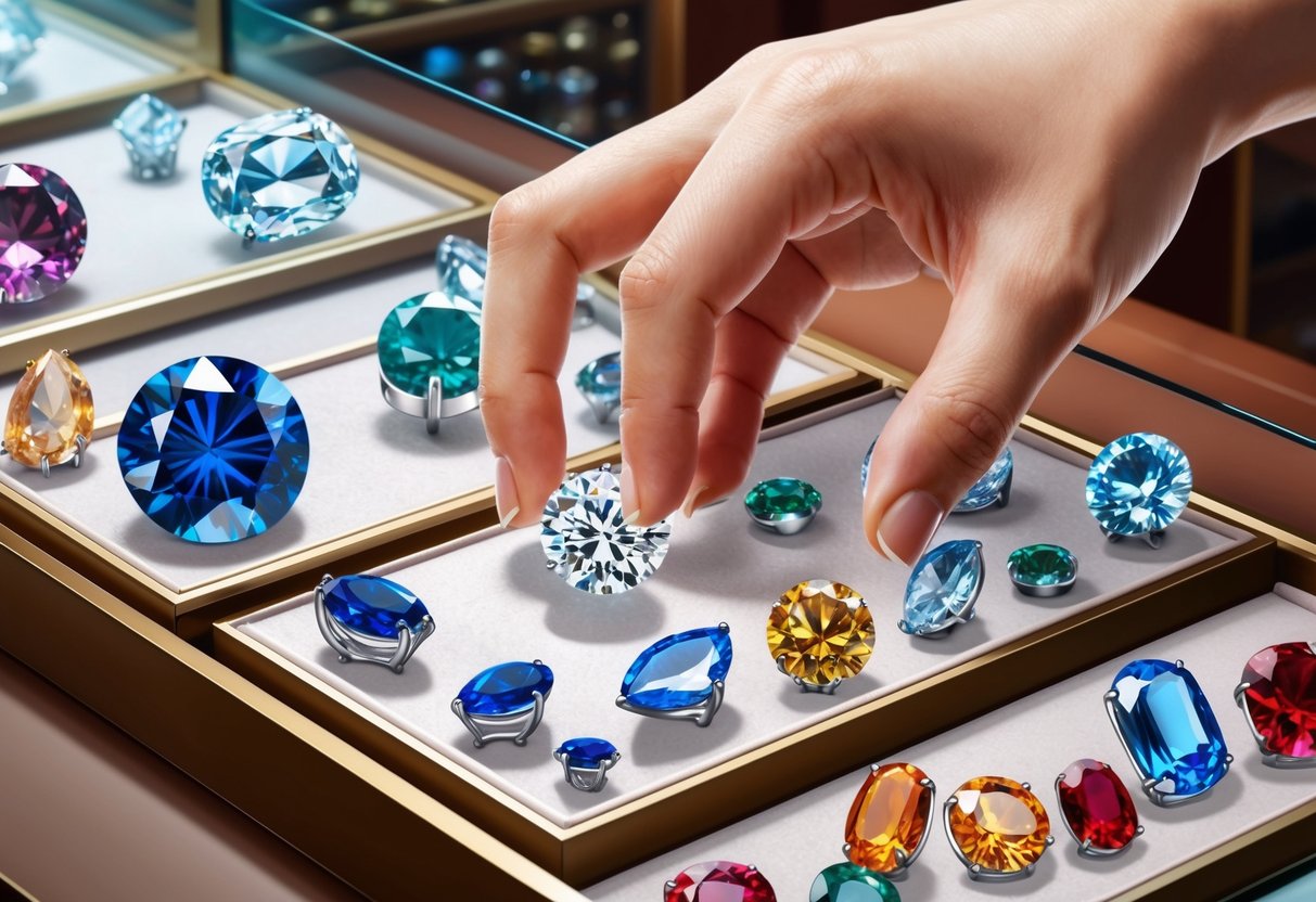 A hand reaching for a sparkling diamond among a display of various gemstones in a jewelry store