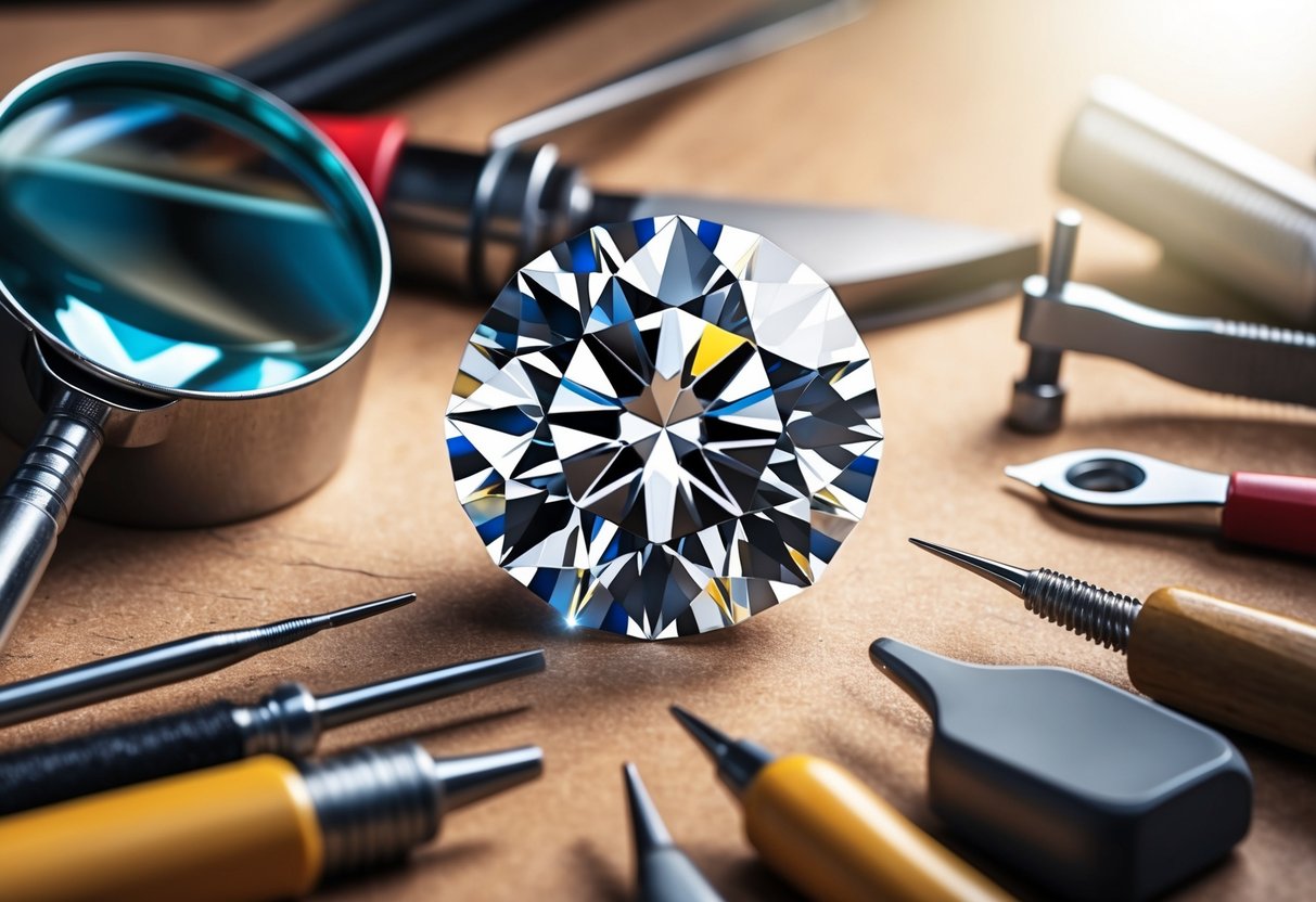 A sparkling diamond surrounded by various tools and magnifying glass on a jeweler's workbench