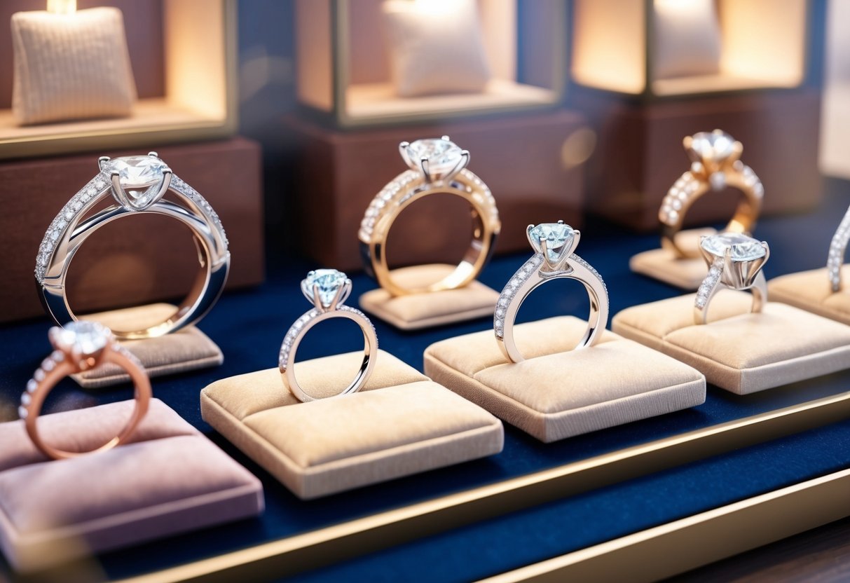 A display of sparkling engagement rings in a jewelry store window, with soft lighting and a variety of styles and sizes showcased on velvet cushions