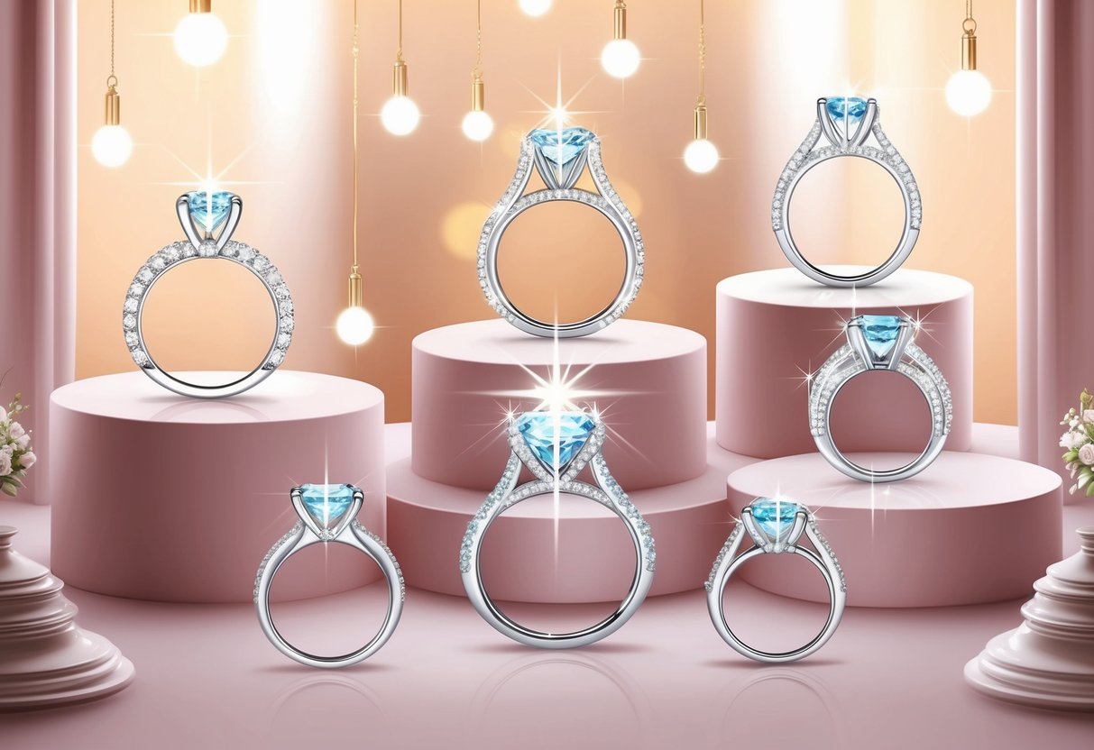 A sparkling display of engagement rings in various cuts and settings, surrounded by soft lighting and elegant decor