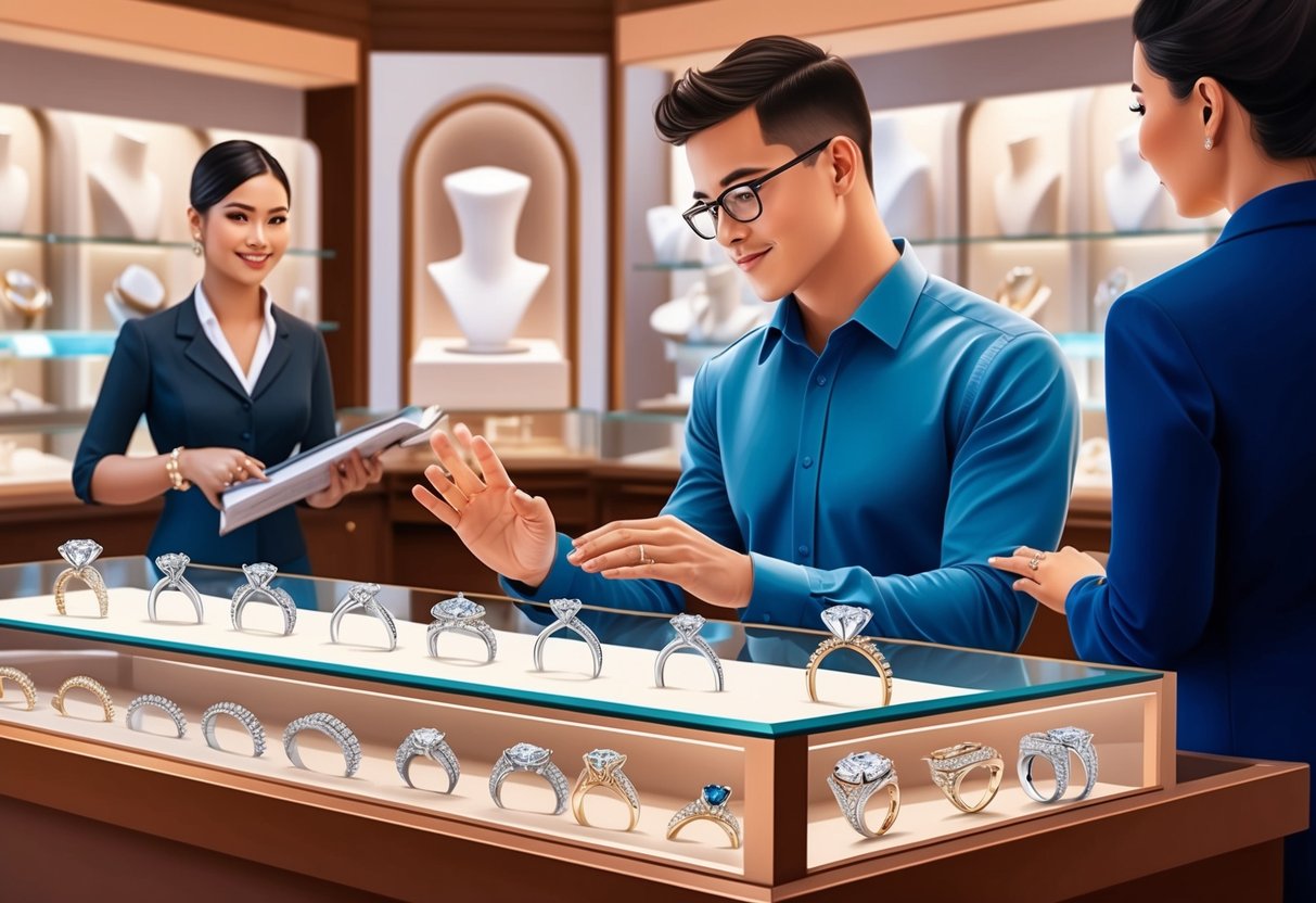 A person browsing through a variety of engagement rings displayed on a jewelry store counter, with a sales associate nearby offering assistance