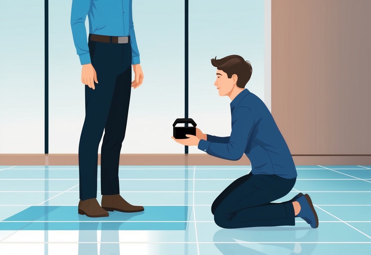 A person kneeling on a modern, clean floor, with a ring box in hand, facing another person standing in front of them