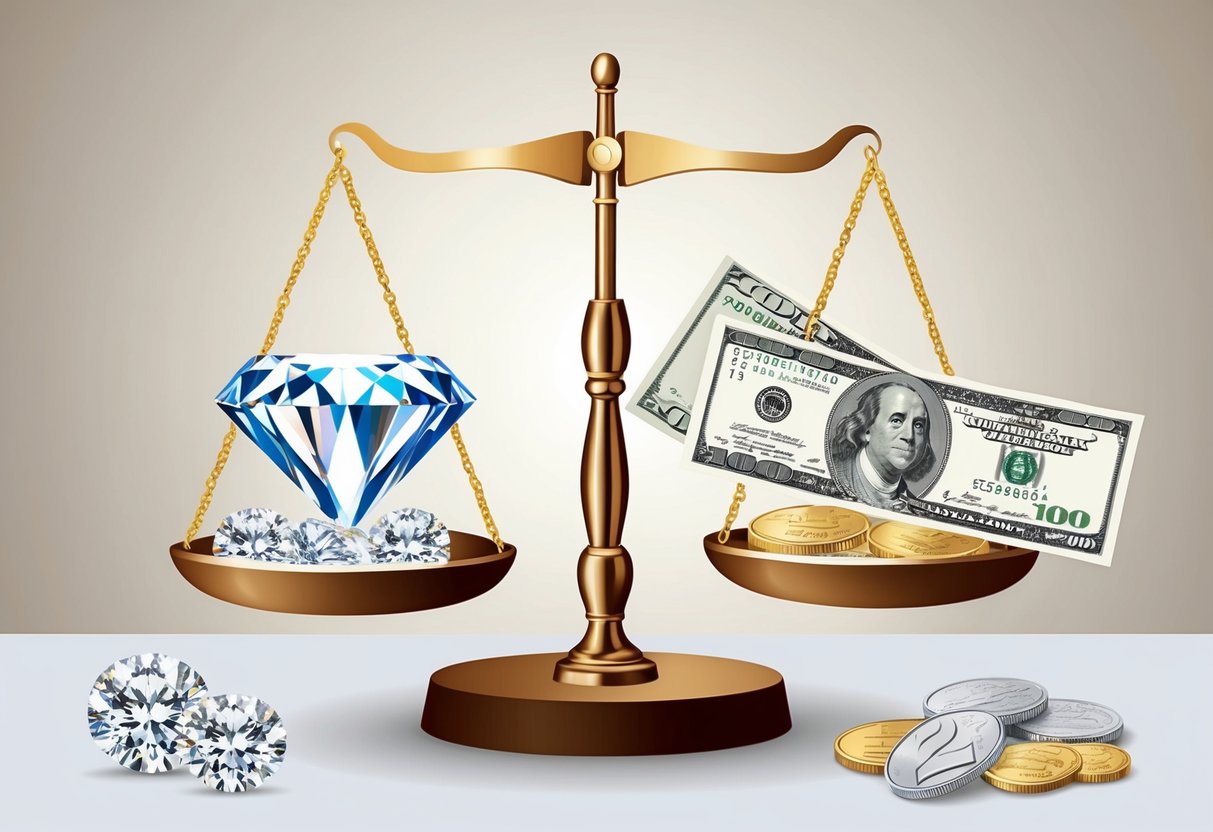 A scale with a pound of diamonds on one side and various currency notes and coins on the other, representing the concept of understanding diamond value