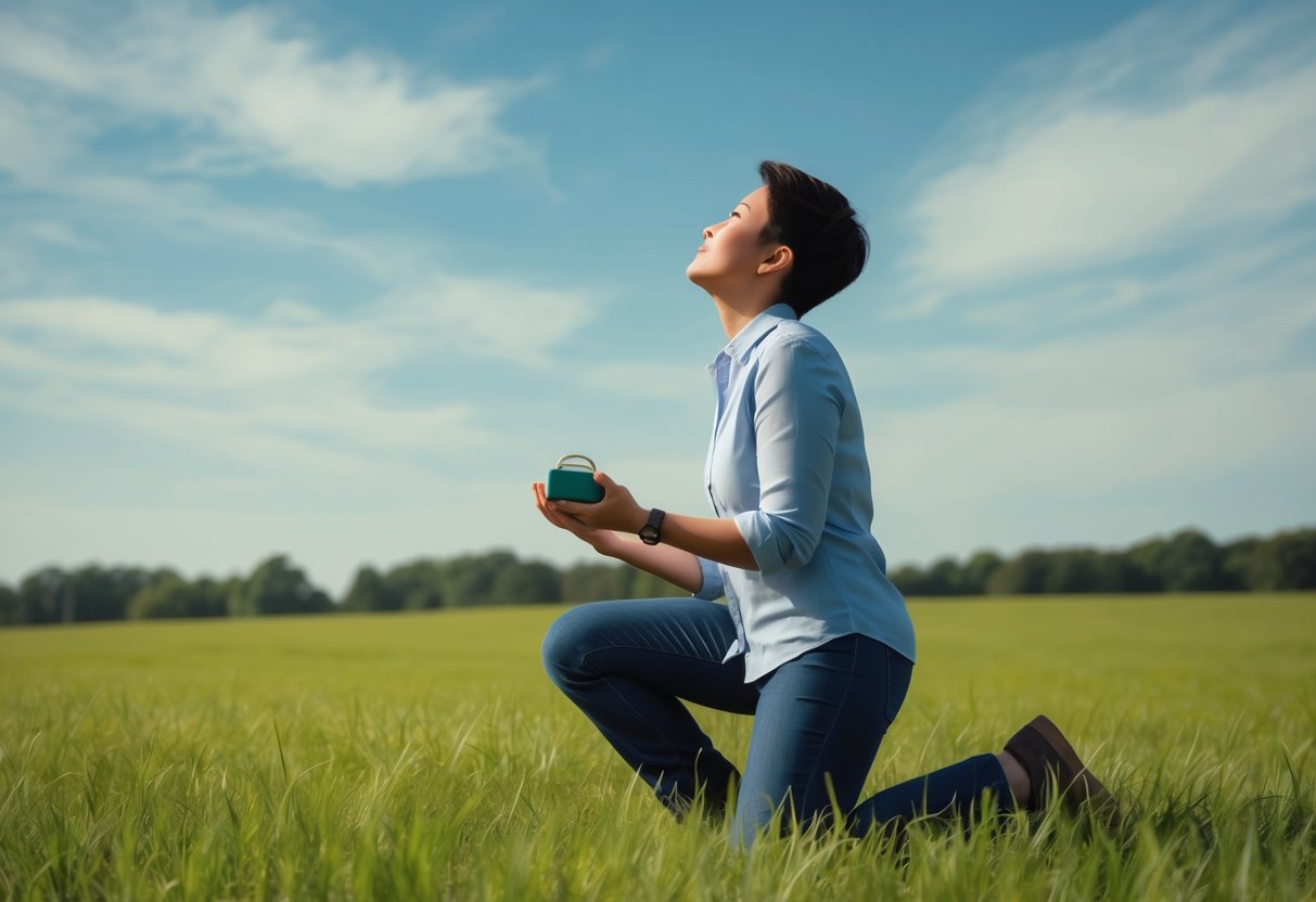 A person kneeling on a grassy field, holding a ring box in one hand and looking up at the sky