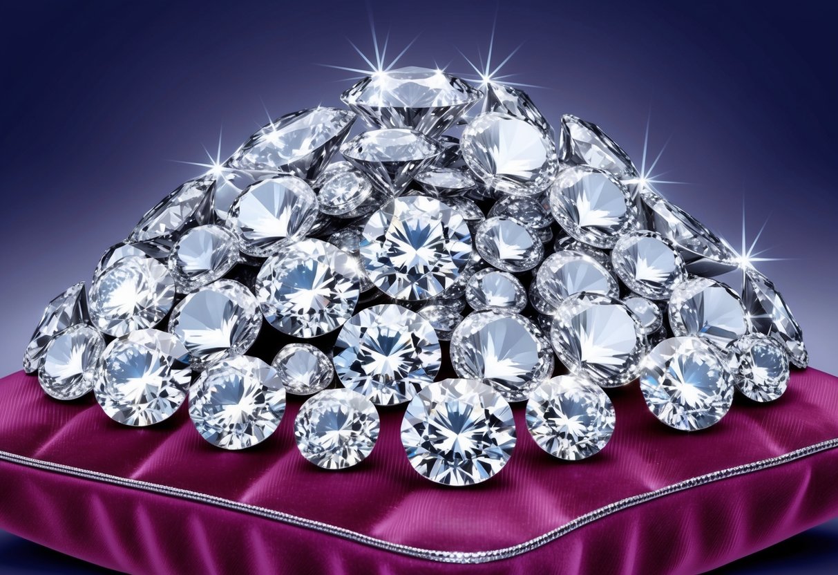 A glittering pile of diamonds, varying in size and cut, sits atop a velvet cushion, reflecting light in all directions