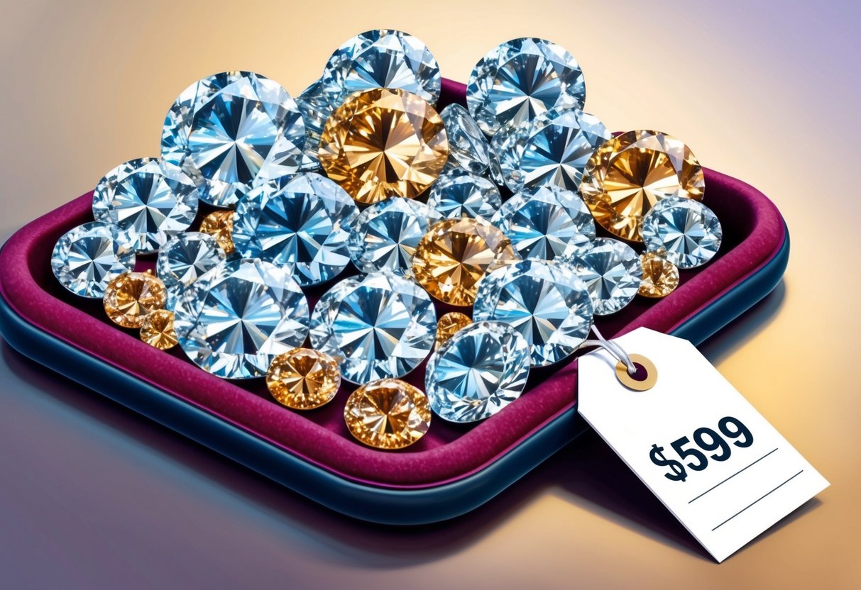 A pile of sparkling diamond shapes, varying in size and color, displayed on a velvet-lined tray with a price tag