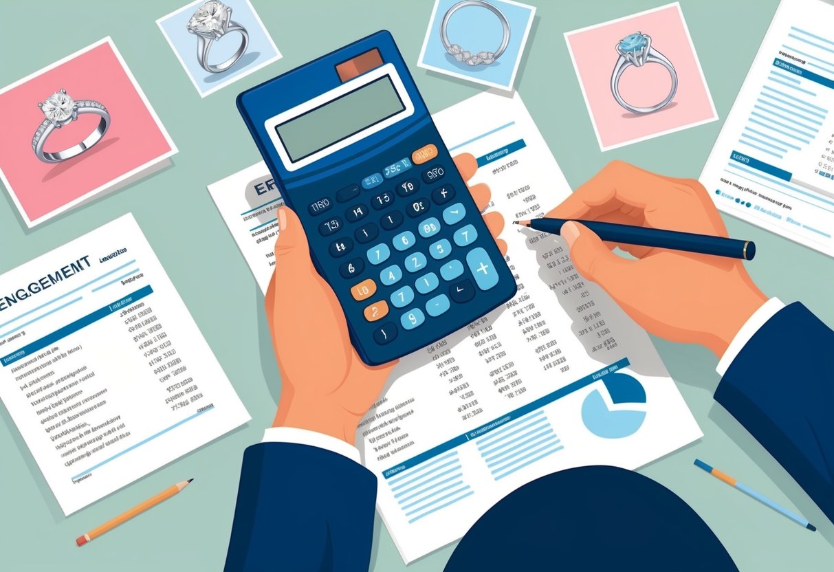 A person holding a calculator, surrounded by images of rings and financial documents, pondering their budget for an engagement ring