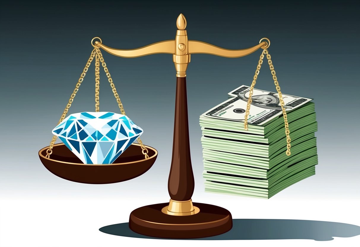 A scale with a pound of diamonds on one side and stacks of cash on the other