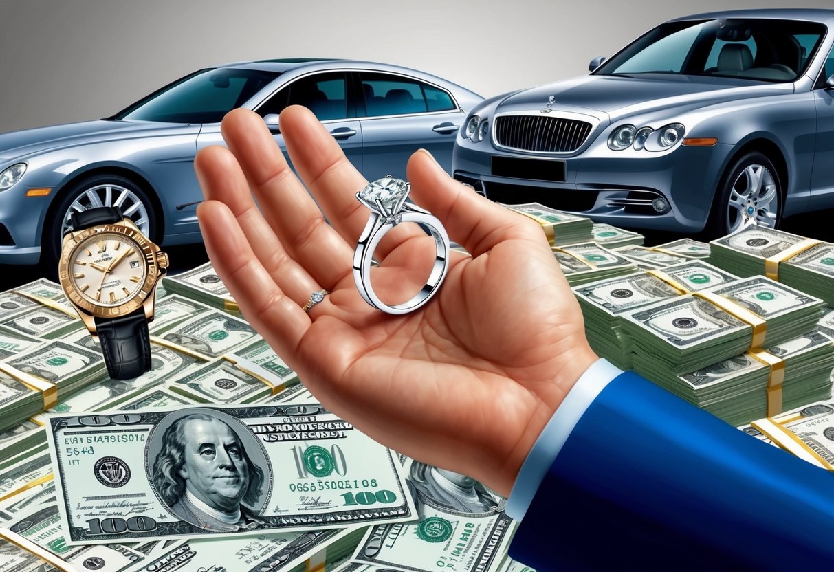 A man's hand holding an engagement ring, surrounded by various symbols of wealth and luxury, such as a luxury car, a designer watch, and a stack of cash