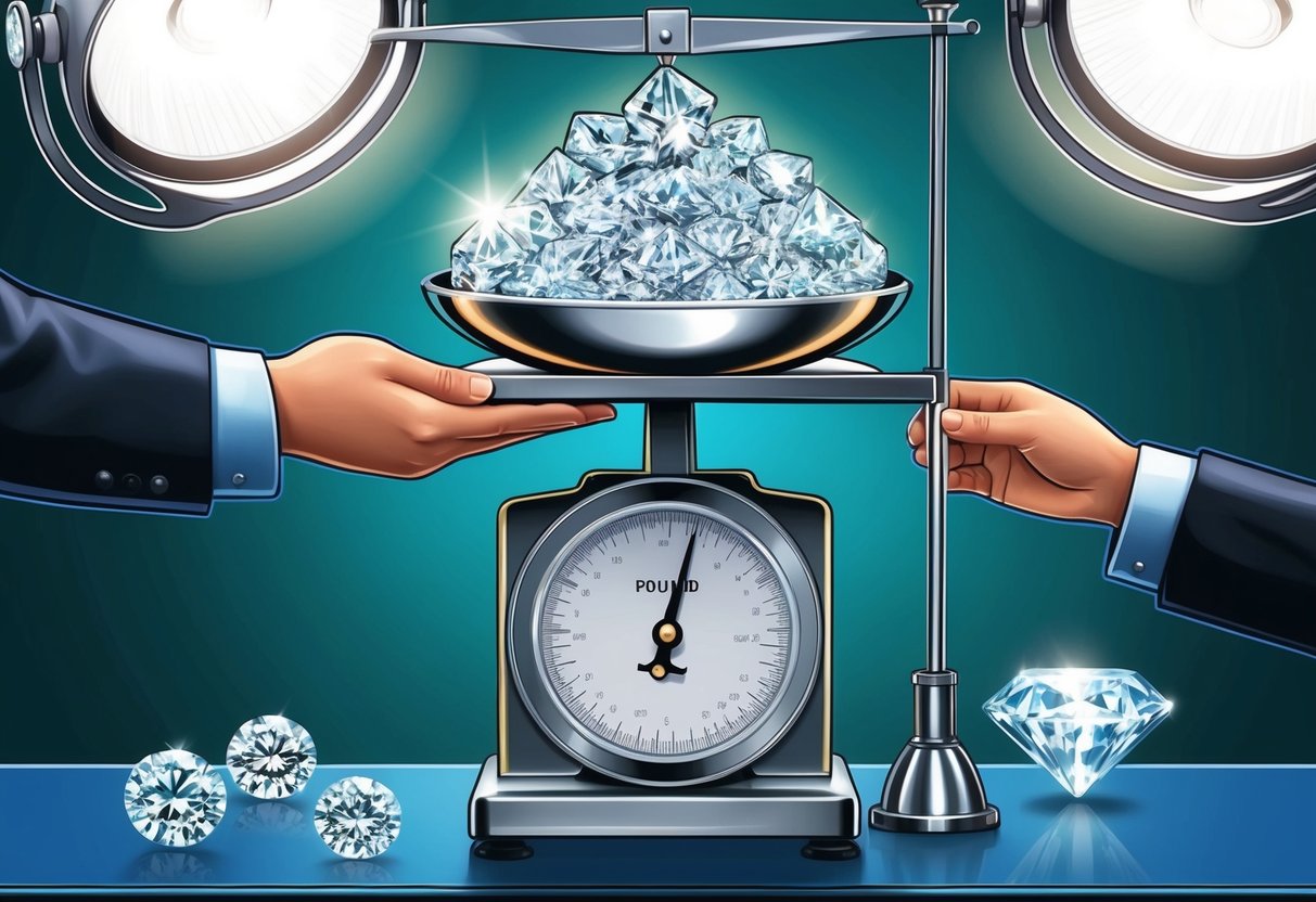 A scale with a pound of diamonds being carefully weighed and examined under bright lights by a gemologist