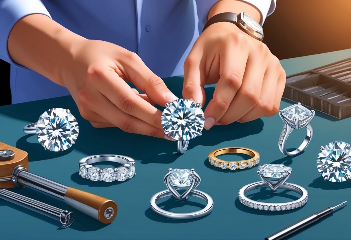 A jeweler carefully measures and inspects various diamond rings, considering different designs and materials for an engagement ring