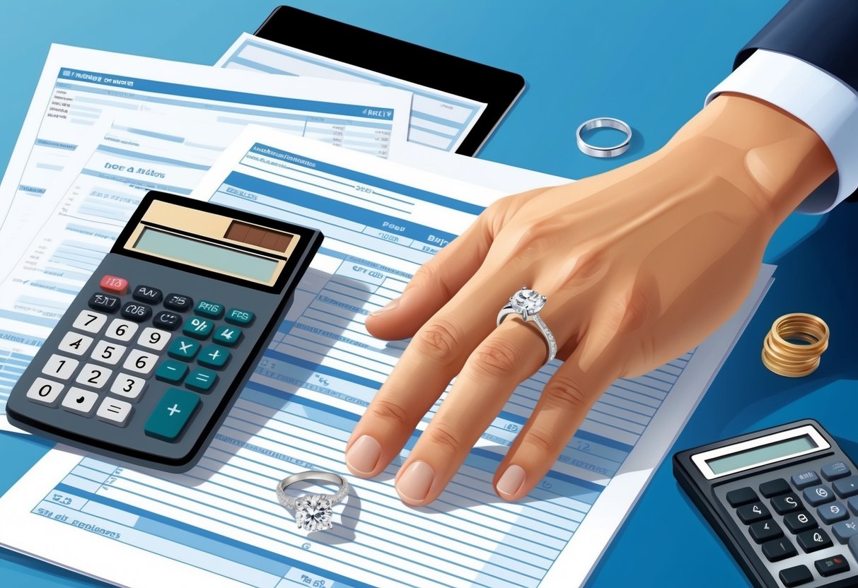 A man's hand holding an engagement ring, surrounded by financial documents and a calculator, reflecting on the cost of the ring in relation to wedding expenses