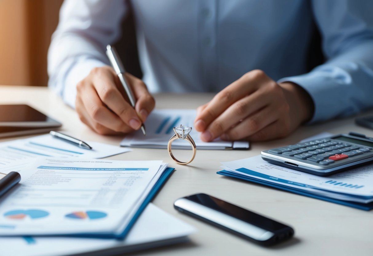 A person calculating and budgeting, surrounded by financial documents and a sparkling engagement ring