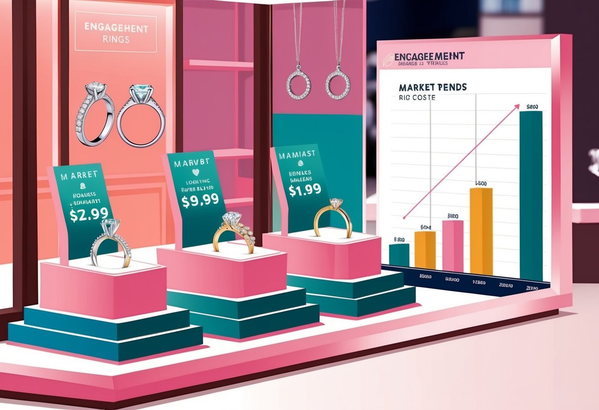 A jewelry store display featuring various engagement rings with price tags and a chart showing the correlation between market trends and ring costs