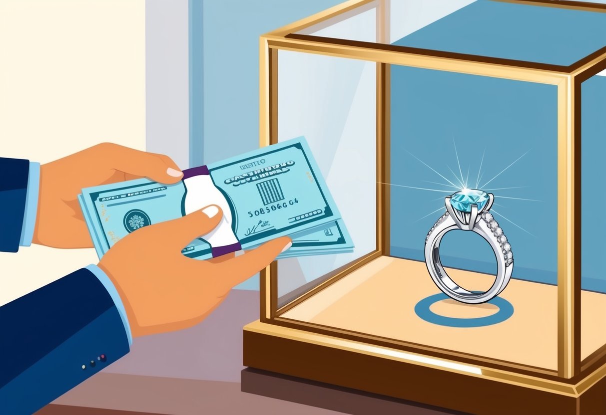 A person holding a paycheck with a large portion marked for savings, next to a sparkling engagement ring in a jewelry store display case