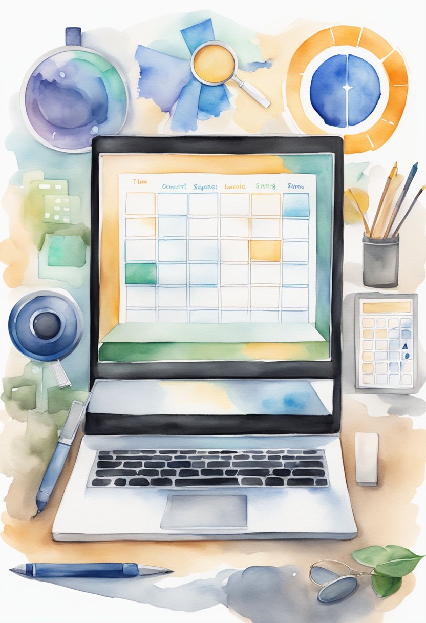 A laptop surrounded by various marketing elements such as a magnifying glass, a strategy chart, and a content calendar