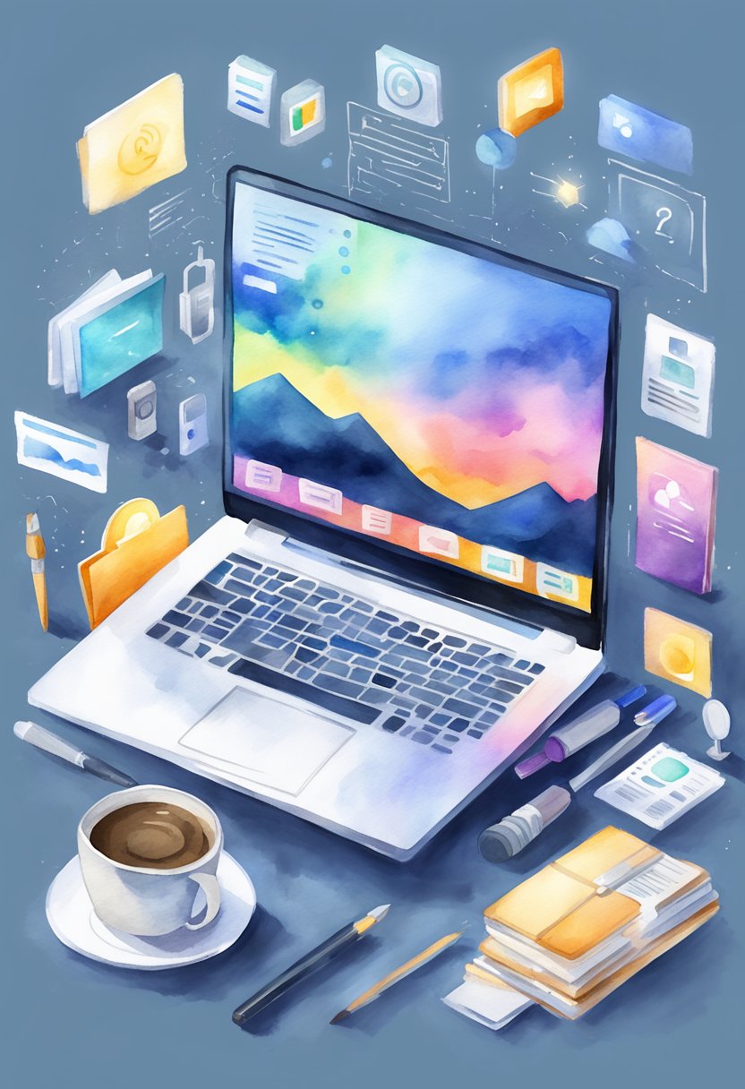 A laptop surrounded by various marketing tools and icons, with a spotlight on the search engine optimization and content marketing strategy sections