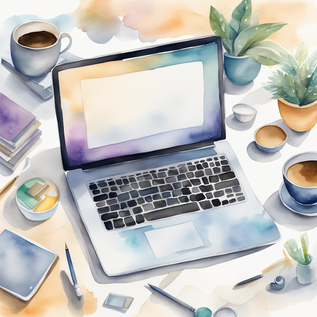 A laptop with a blank screen surrounded by various writing tools and a cup of coffee on a desk