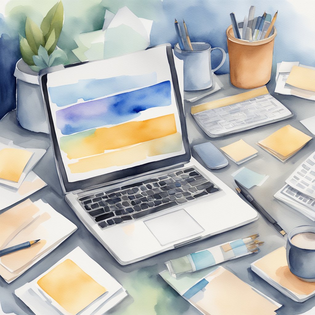 A laptop surrounded by scattered papers, with one side showing freelance SEO copywriters and the other side showing professional SEO copywriting services