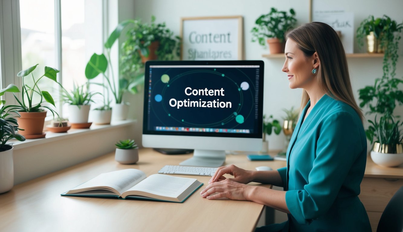 A holistic practitioner's office with soothing decor, plants, and natural light. A desk with a computer and open book on content optimization techniques